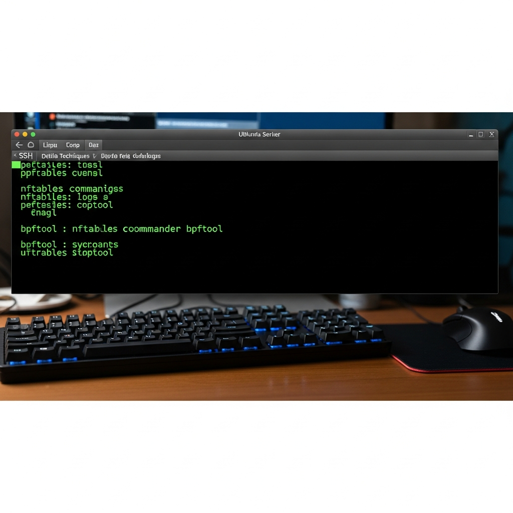 Terminal Linux moderne affichant des lignes de commandes nftables et bpftool, fenêtre SSH sombre avec texte vert phosphorescent, détails techniques visibles, fond de bureau Ubuntu Server ou Debian, clavier mécanique et souris gamer en arrière-plan flou