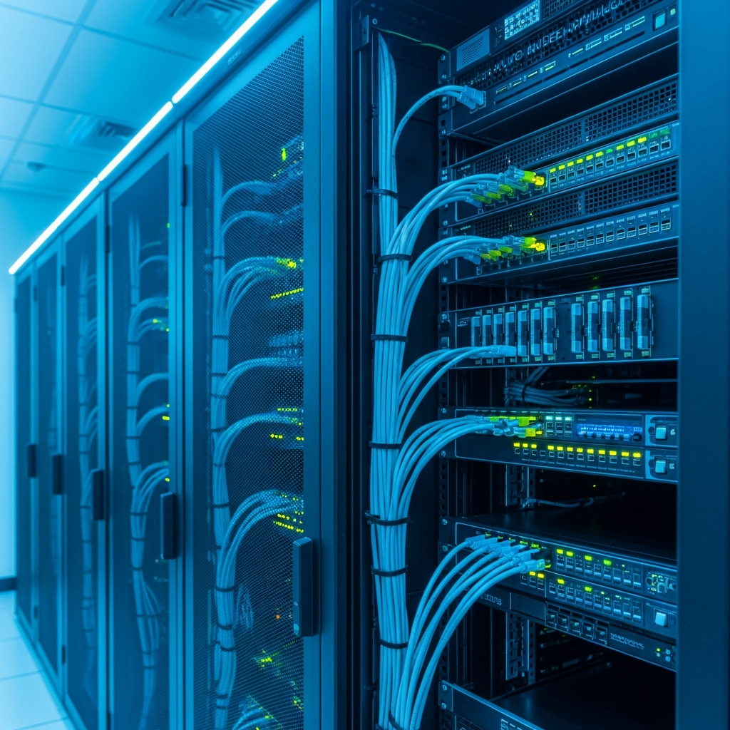 Salle serveur moderne avec rangées de racks éclairés en bleu cyan, câbles réseau Ethernet structurés, serveurs Dell ou Supermicro avec LEDs actives, lumière froide d'un datacenter professionnel, focus sur un rack central avec patch panel et switches