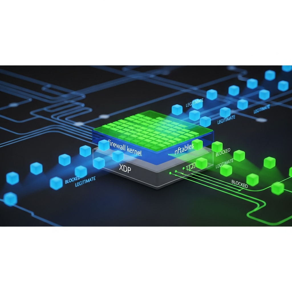 Schéma réseau abstrait montrant des flux de paquets filtrés, représentation graphique en 3D de firewall kernel avec couches XDP et nftables superposées, lumières bleues et vertes indiquant paquets légitimes vs bloqués, style tech moderne et épuré
