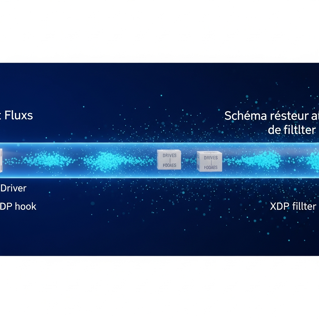 Schéma réseau abstrait en 3D montrant des flux de paquets représentés par des particules cyan traversant un pipeline de filtrage, avec des couches kernel visibles (driver NIC, XDP hook, netfilter), éclairage bleu froid, style technique et photoréaliste.