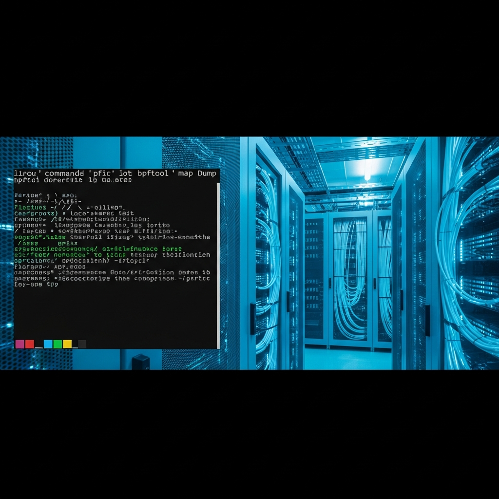 Terminal Linux en gros plan affichant la sortie d'une commande bpftool map dump sur un datacenter moderne avec racks rétroéclairés en cyan, câbles fibre optique structurés, lumière ambiante froide et détails techniques réalistes.