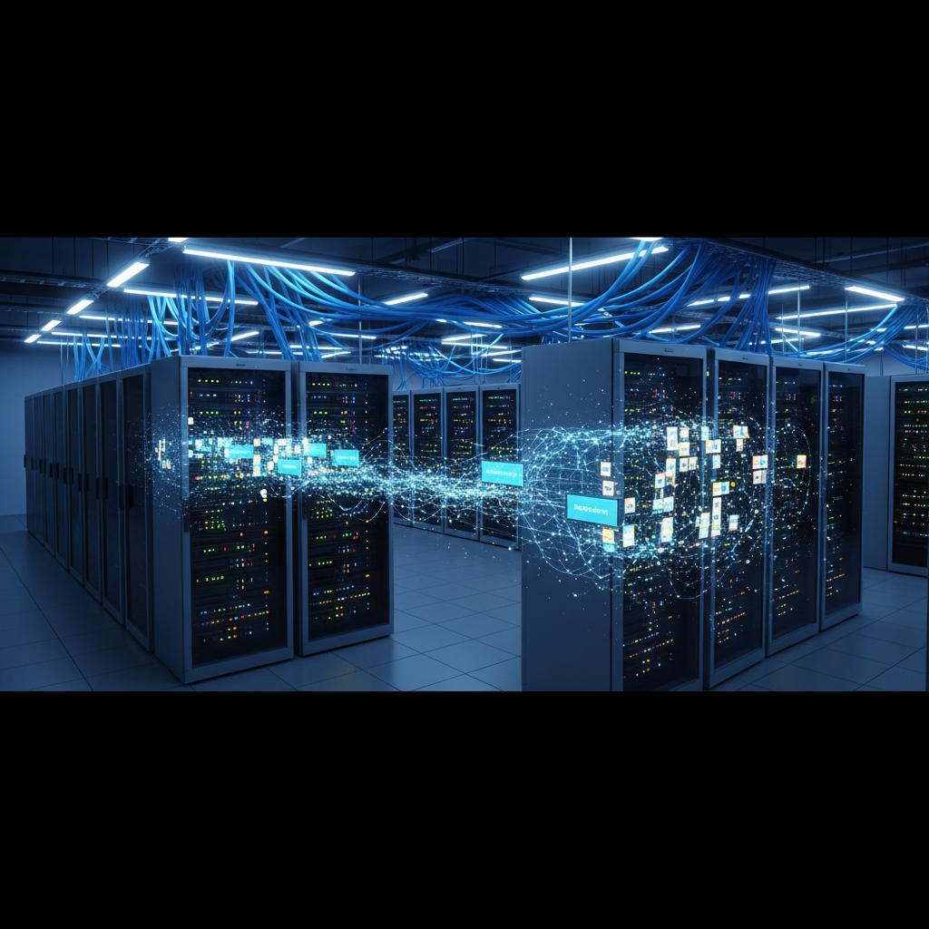 Schéma technique d'un datacenter moderne avec racks de serveurs alignés, câbles réseau structurés en bleu et cyan, lumières tamisées, représentation abstraite de paquets réseau filtrés au niveau du driver Ethernet, ambiance high-tech, vue isométrique réaliste