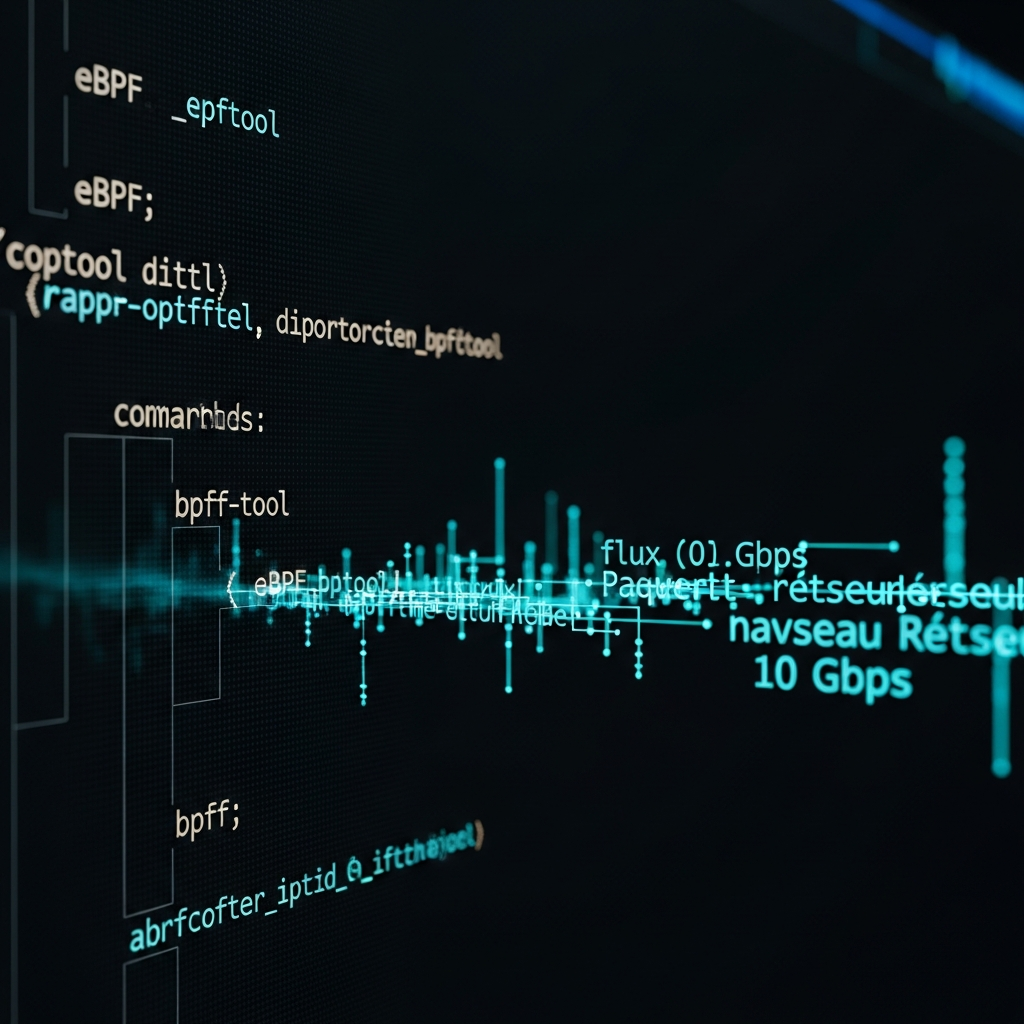 Terminal Linux moderne sur fond sombre affichant des lignes de code eBPF et des commandes bpftool, avec une représentation en superposition d'un flux de paquets réseau traversant une carte réseau 10 Gbps, ambiance cybersécurité, éclairage cyan et noir, photoréaliste