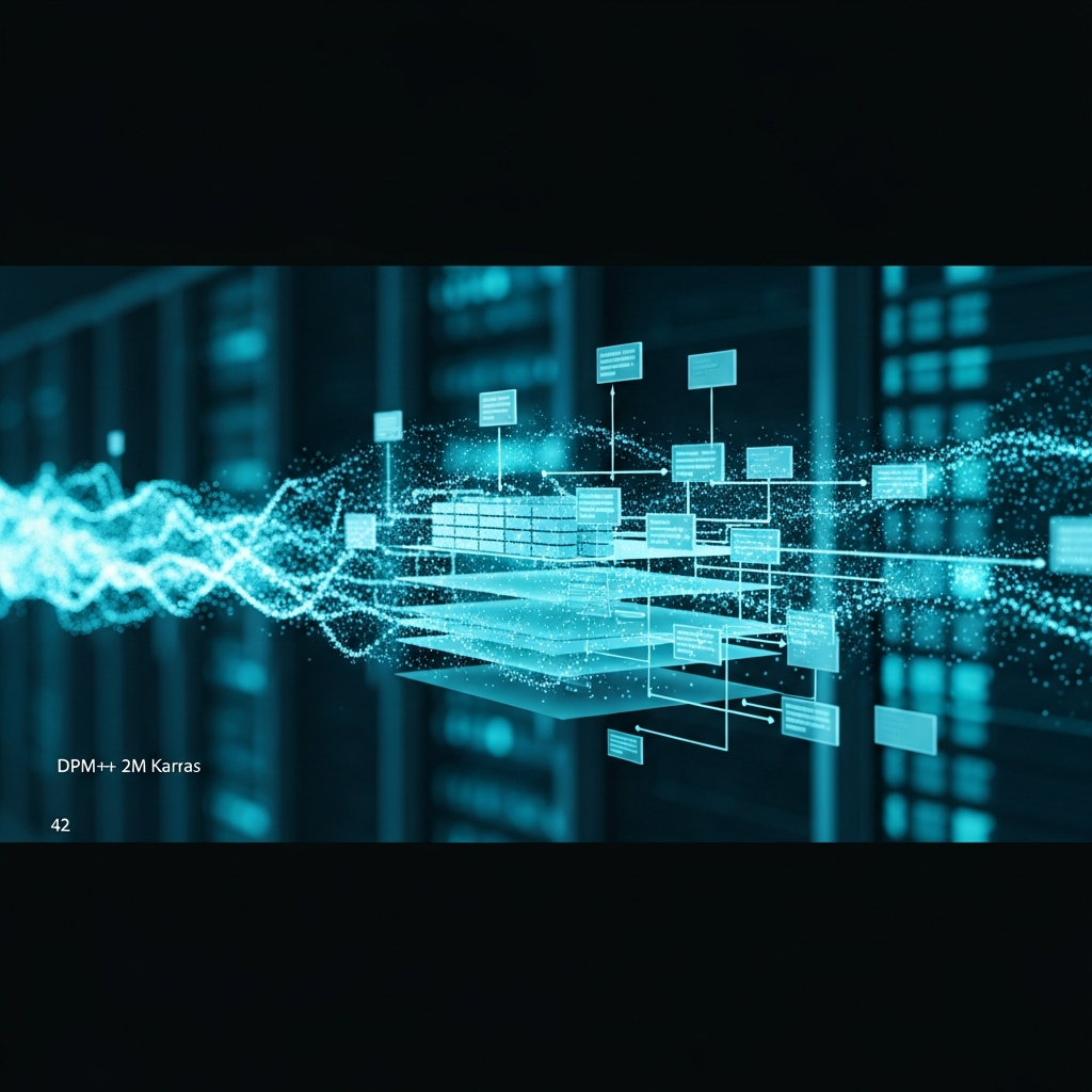 Abstract technical visualization of network packet filtering with flowing data streams in cyan and blue against a dark background, representing firewall rule processing with particle effects showing packets being sorted and filtered through multiple layers