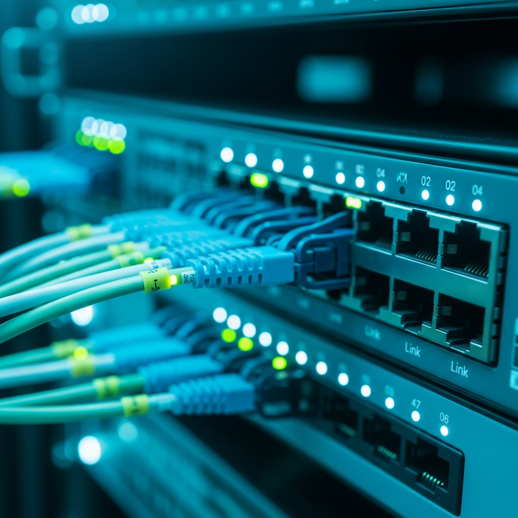 Close-up photorealistic view of modern server rack in a datacenter with cyan LED status lights, visible fiber optic cables connecting network switches, shallow depth of field focusing on active Ethernet ports with link lights