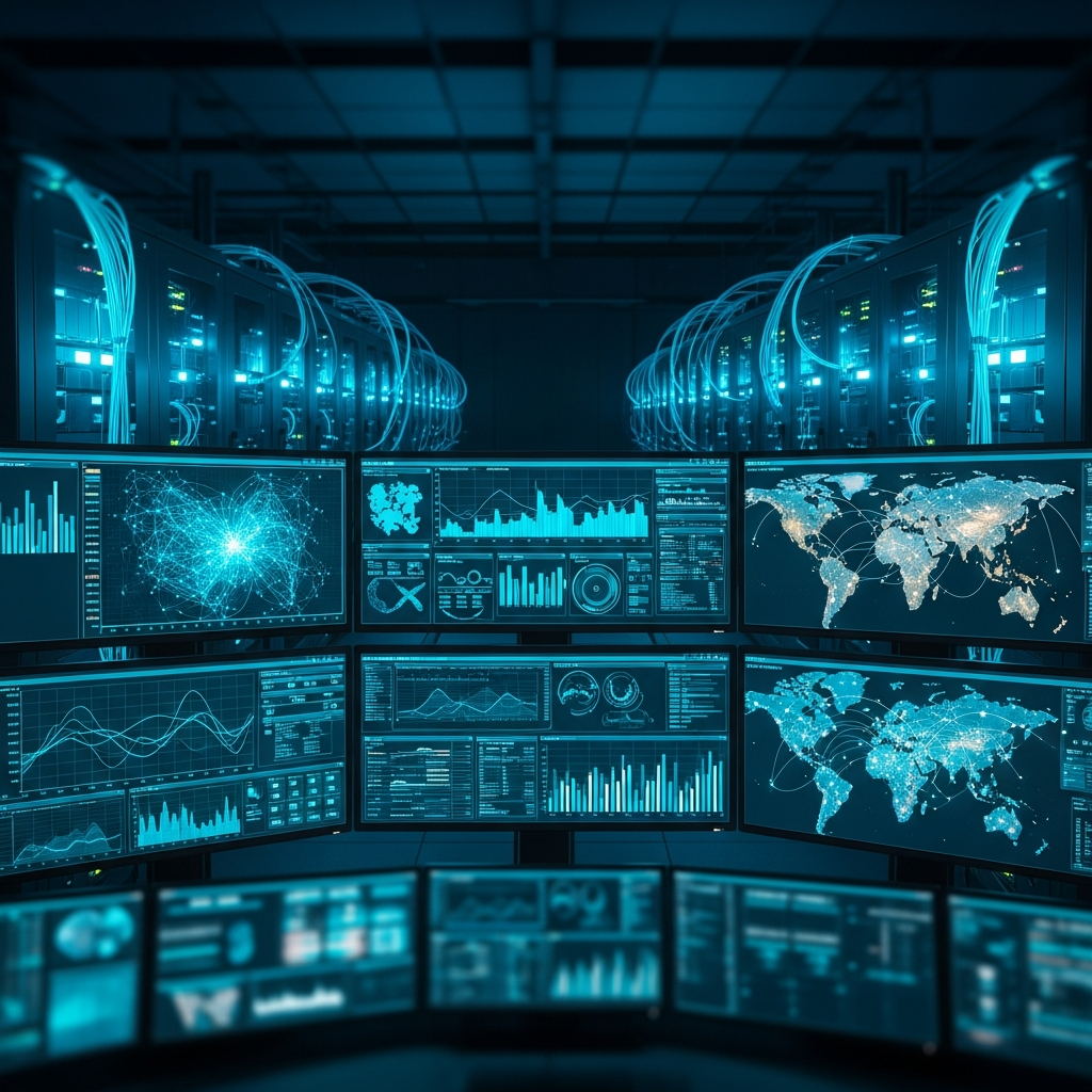 Wide-angle photorealistic shot of a modern network operations center with multiple monitors displaying real-time traffic graphs and world maps with connection points, server racks visible in background with blue and cyan accent lighting, professional datacenter environment