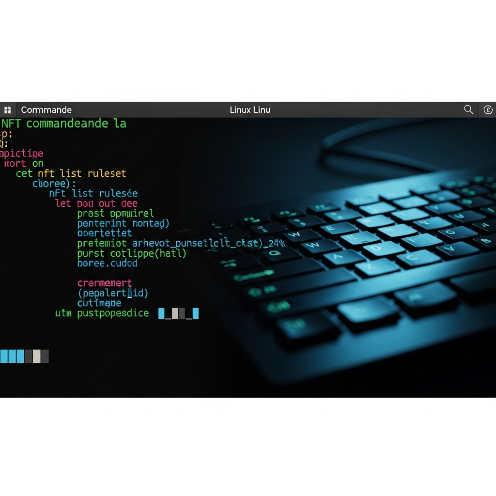 Gros plan sur un terminal Linux affichant la commande nft list ruleset avec syntaxe colorée, fond noir, typographie monospace verte et cyan, reflet de lumière bleutée sur l'écran mat, clavier mécanique flou en arrière-plan