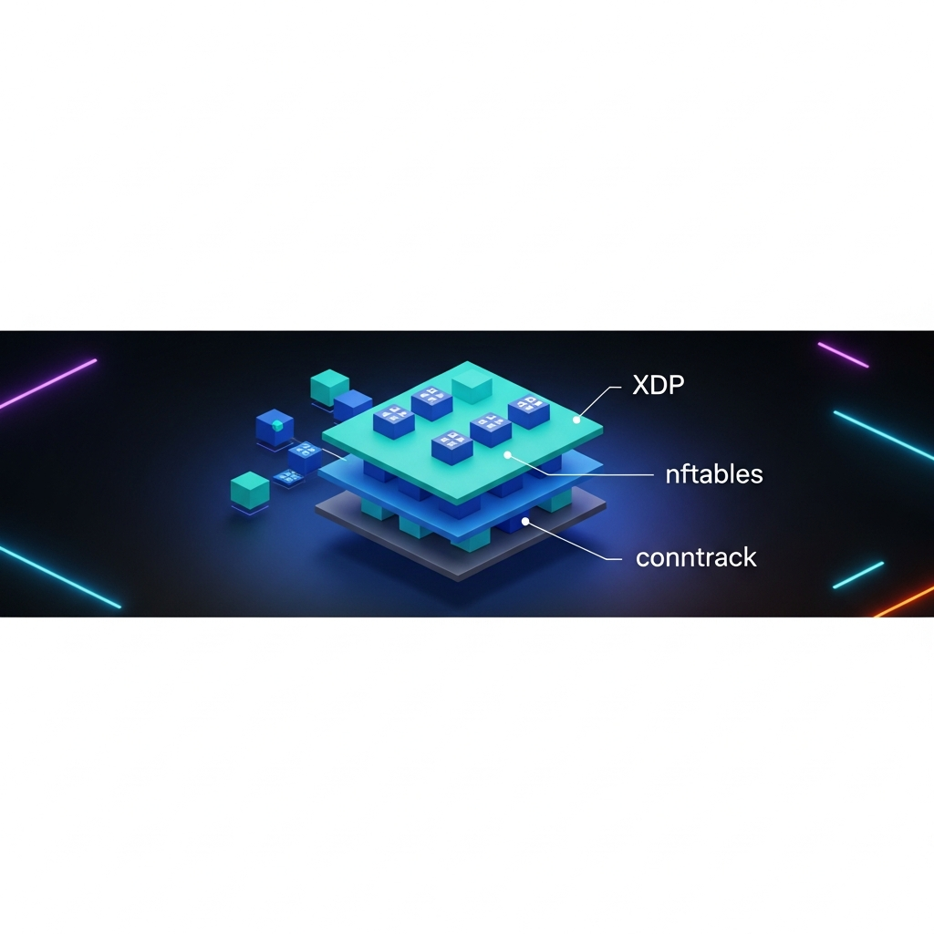 Schéma réseau abstrait en 3D isométrique représentant des paquets colorés (cubes cyan et bleus) traversant des couches de filtrage empilées, étiquettes "XDP", "nftables", "conntrack", fond dégradé noir vers bleu foncé, éclairage néon subtil