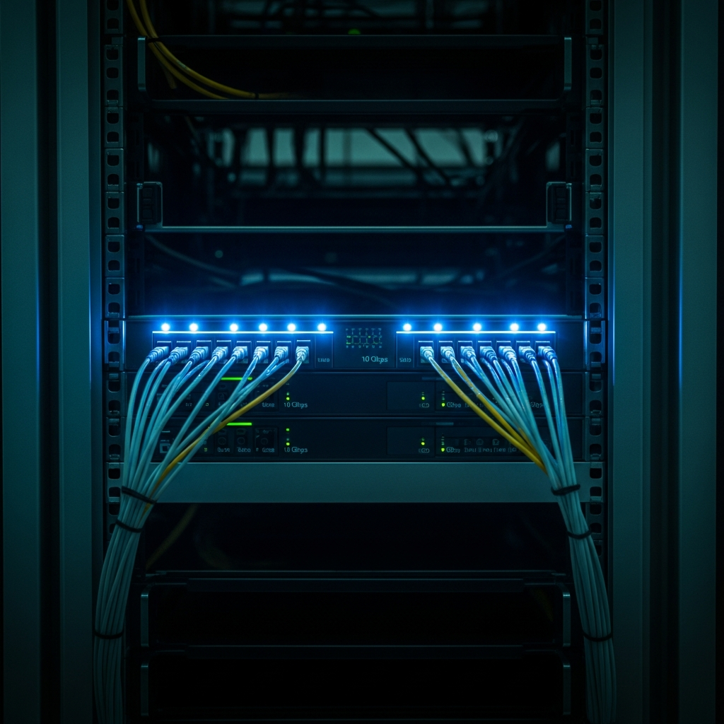 Photographie d'un rack de serveurs moderne dans un datacenter sombre, LED bleues clignotant sur les switchs réseau 10 Gbps, vue de face avec câbles fibre optique organisés, lumière cyan diffuse sur les panneaux métalliques