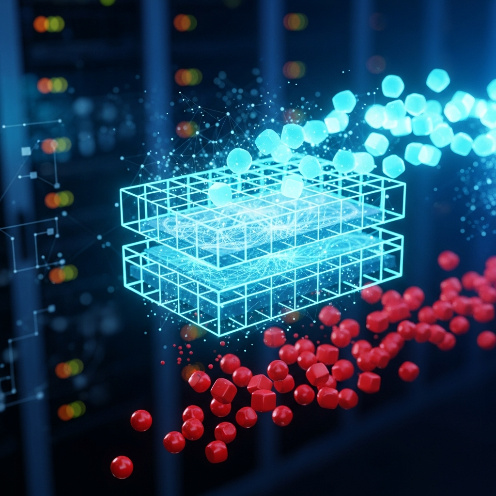 Abstract 3D visualization of network packets flowing through a transparent Linux kernel represented as layered cyan grids, with some packets being filtered and dropped, high-tech atmosphere with blue lighting