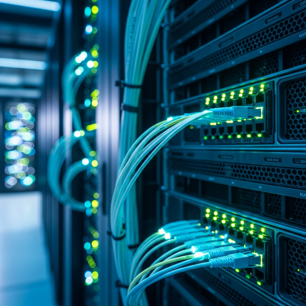 Close-up of a modern datacenter server rack with fiber optic cables glowing cyan and blue, shallow depth of field, cables entering network interface cards, representing high-speed packet filtering at the kernel layer