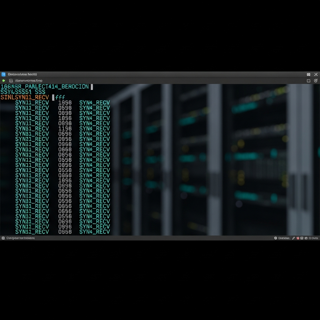Capture d'écran photoréaliste d'un terminal Linux moderne affichant la sortie de la commande ss avec des milliers de lignes de connexions SYN_RECV défilant rapidement, fond noir, texte cyan, ambiance datacenter nocturne