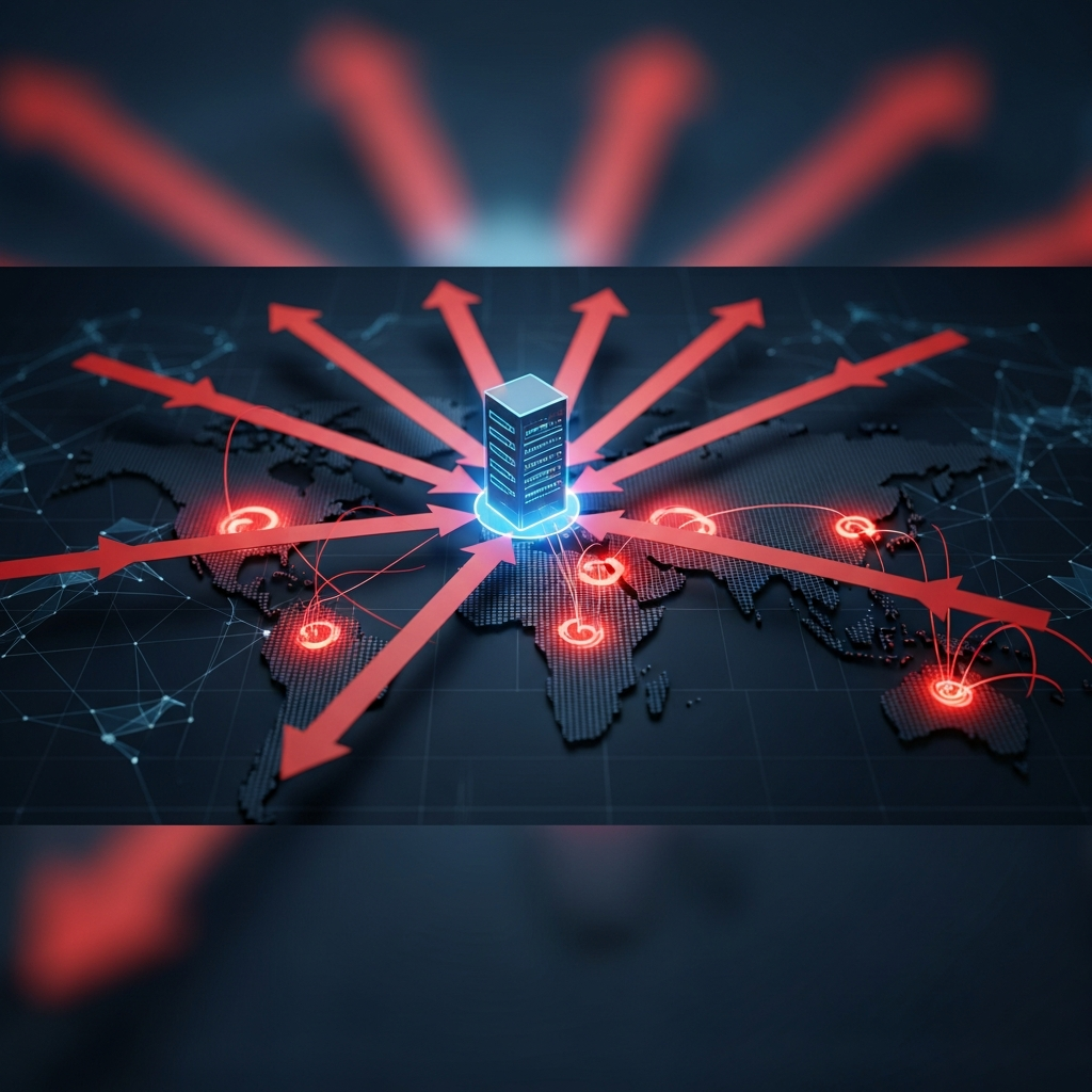 Schéma réseau photoréaliste en 3D montrant un VPS au centre entouré de flèches rouges provenant de multiples points du globe, superposées à une carte du monde stylisée avec des zones de chaleur rouges indiquant les sources d'attaque, fond bleu foncé high-tech