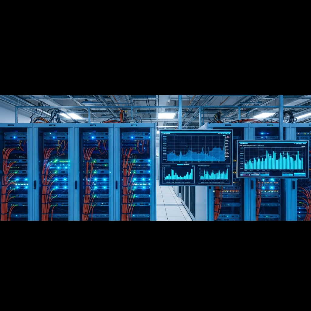 Vue photoréaliste en plongée d'une salle serveur moderne avec des racks illuminés en bleu cyan, câbles réseau orange organisés, écrans muraux affichant des graphiques de trafic réseau en temps réel avec des courbes descendantes indiquant une mitigation réussie, ambiance high-tech et professionnelle