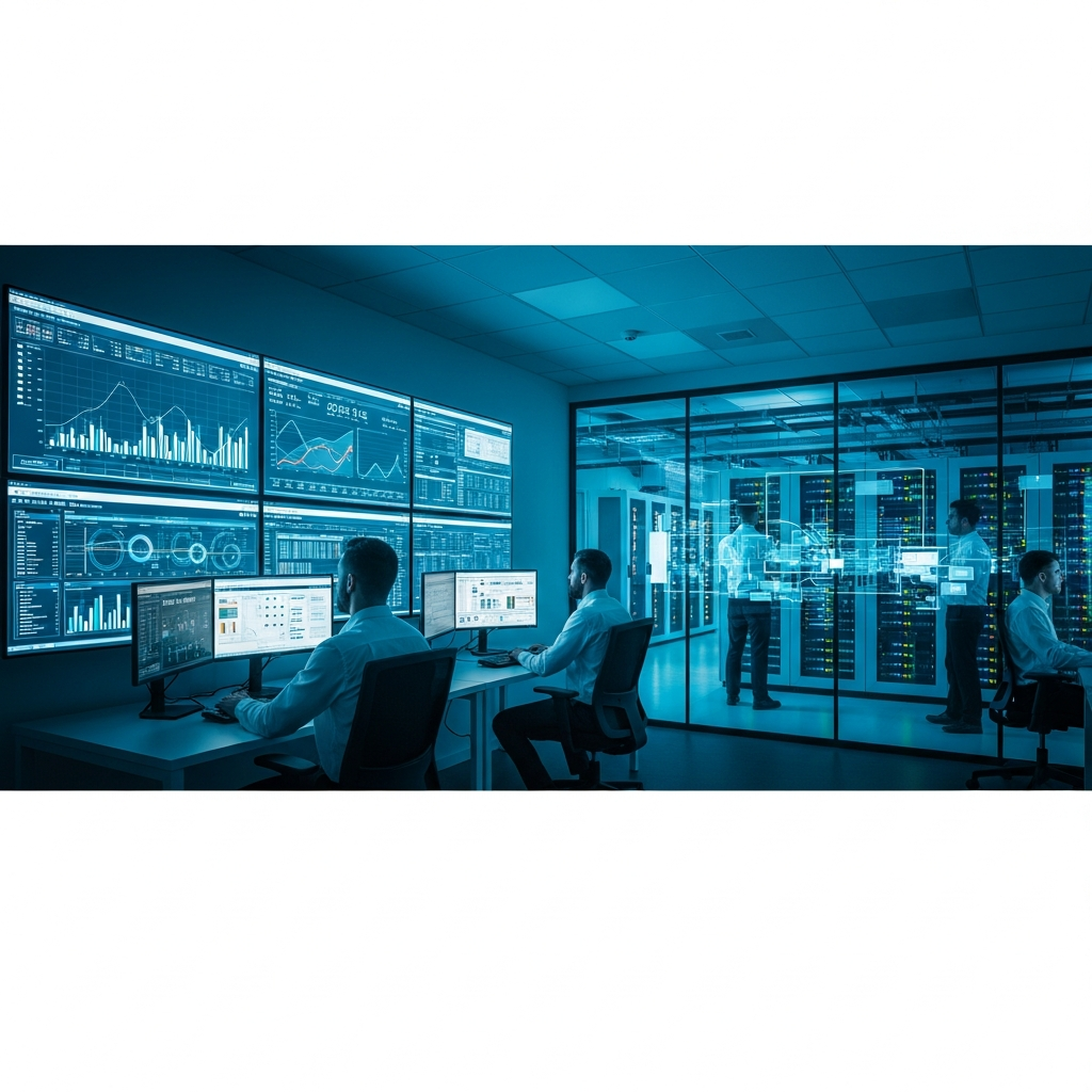 Wide-angle photorealistic view of a modern European datacenter operations center, multiple technicians monitoring large wall-mounted dashboards displaying real-time network traffic graphs and DDoS mitigation metrics, rows of illuminated server racks visible through glass partition in background, cool cyan and blue accent lighting, professional infrastructure photography style
