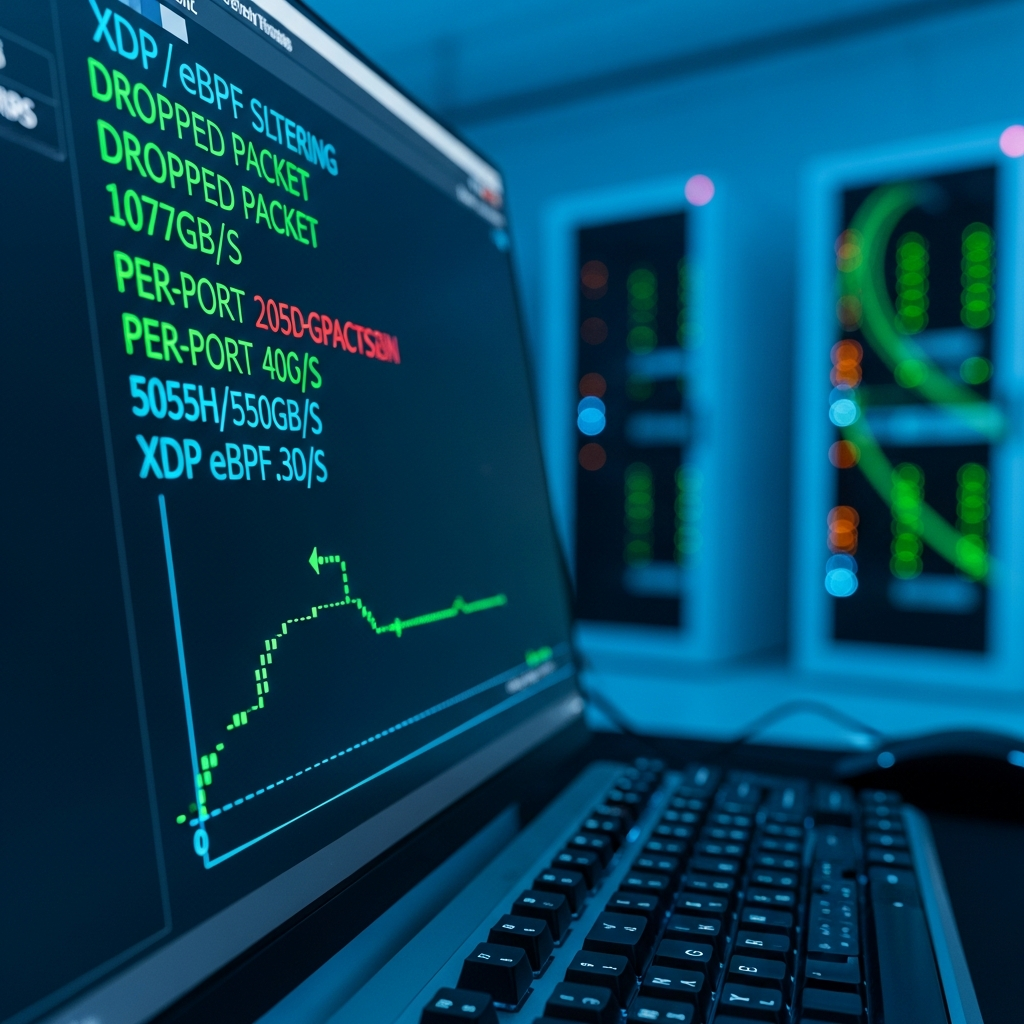Close-up photorealistic photograph of Linux server terminal screen displaying real-time XDP/eBPF packet filtering statistics, glowing green and cyan text on dark background showing dropped packet counters and per-port throughput metrics, shallow depth of field with keyboard visible in foreground, modern datacenter environment with soft blue ambient lighting