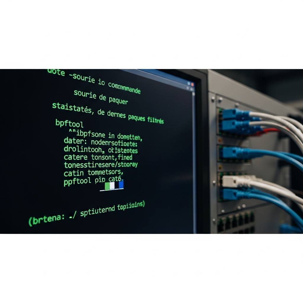 Terminal Linux en gros plan affichant une sortie de commande bpftool avec statistiques de paquets filtrés, fond sombre avec texte en police monospace vert sur noir, reflets sur un écran mat dans un environnement de NOC (Network Operations Center), câbles Ethernet Cat6 flous en arrière-plan