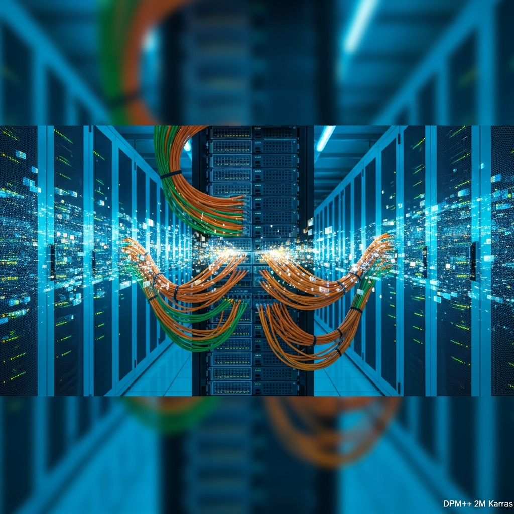 Vue en coupe d'un datacenter moderne avec racks de serveurs illuminés en bleu cyan, câbles réseau fibre optique orange et verts convergeant vers un switch central, représentation abstraite de flux de paquets réseau filtrés à haute vitesse, ambiance technique et professionnelle, éclairage LED froid