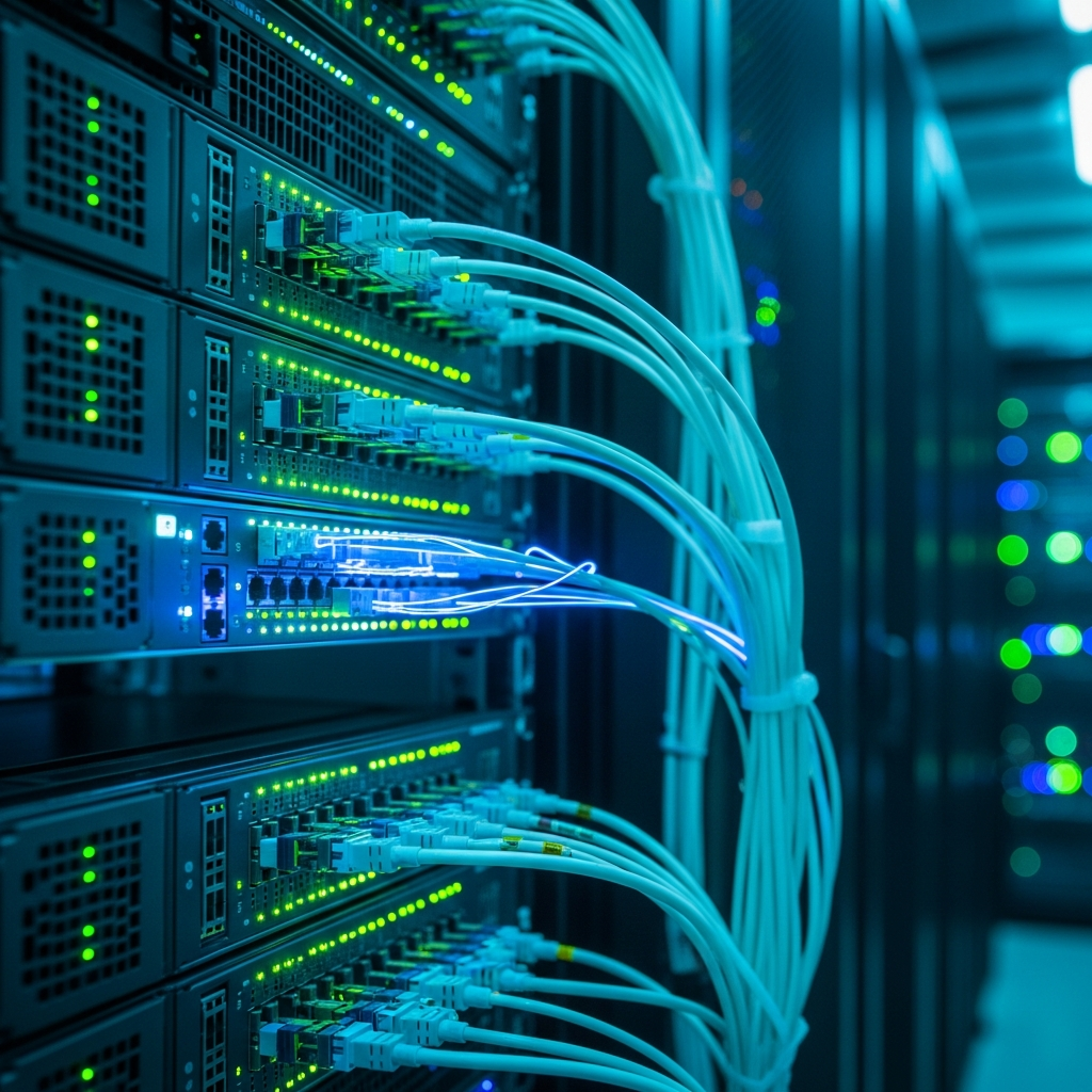 Close-up of a modern datacenter server rack with fiber optic cables illuminated in cyan and blue, network switch LEDs blinking rapidly, depicting high-throughput packet processing infrastructure for game node hosting