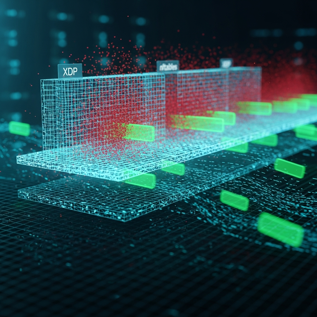 Abstract digital visualization of network packets being filtered through layered mesh grids representing XDP and nftables, with rejected packets shown as red particles bouncing off the first layer and accepted packets in green passing through, dark background with cyan accents