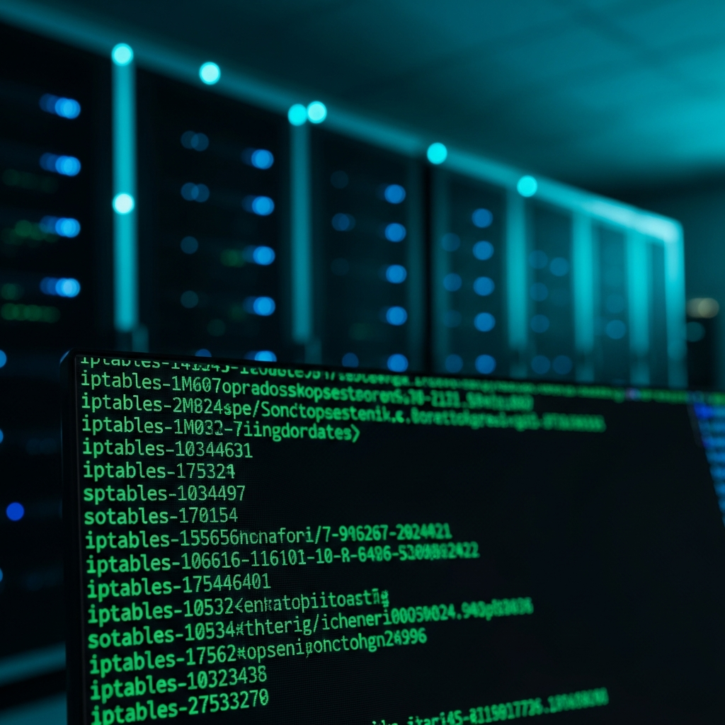 terminal Linux affichant un flux continu de lignes de logs iptables en texte vert sur fond noir, avec des adresses IP sources variées, sur un écran de datacenter avec rack serveur en arrière-plan flou, lumières cyan et bleu froid, atmosphère technique et professionnelle