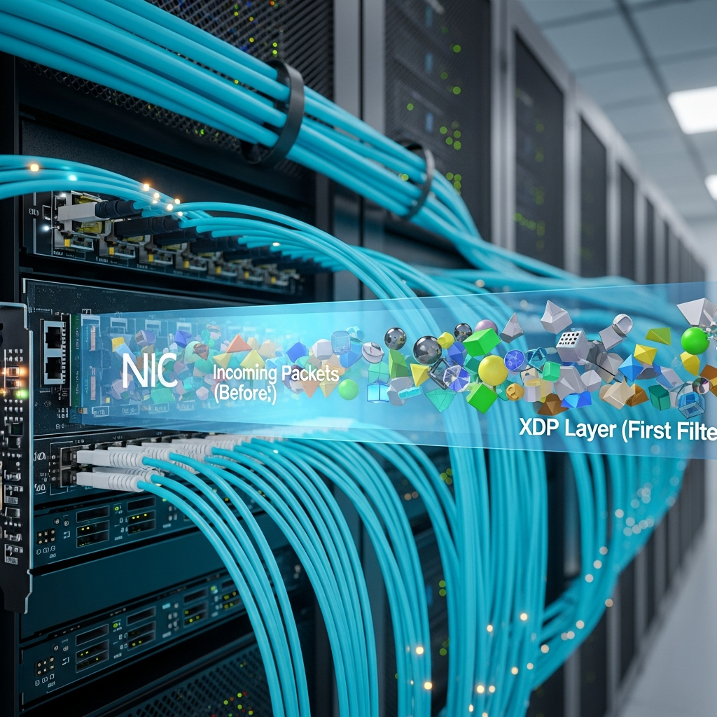 schéma réseau simplifié montrant un flux de paquets entrant dans une carte NIC, avec une première couche XDP qui filtre certains paquets en rouge, puis une seconde couche nftables qui valide les paquets verts, sur fond de datacenter avec fibres optiques bleu cyan et serveurs en rack