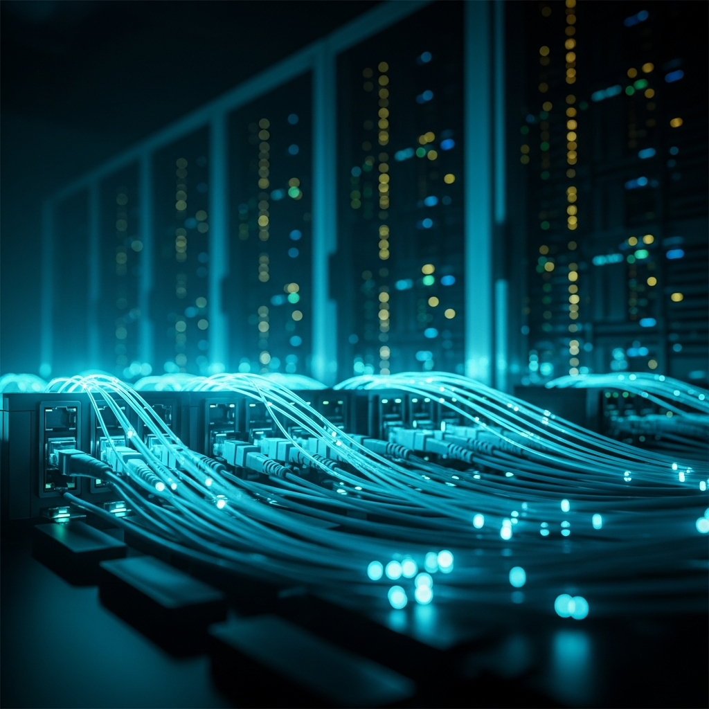 Close-up view of fiber optic network cables glowing cyan and blue in a modern datacenter rack, with rack-mounted servers visible in soft focus background, representing high-bandwidth infrastructure vulnerable to network attacks