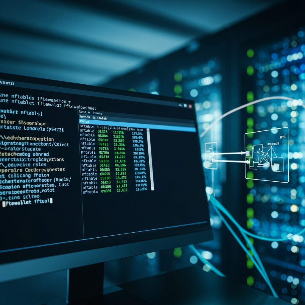 Wide-angle shot of a Linux terminal window displaying nftables firewall rules and network statistics on a dark themed monitor, with subtle blue command prompt glow and server rack lights blurred in background