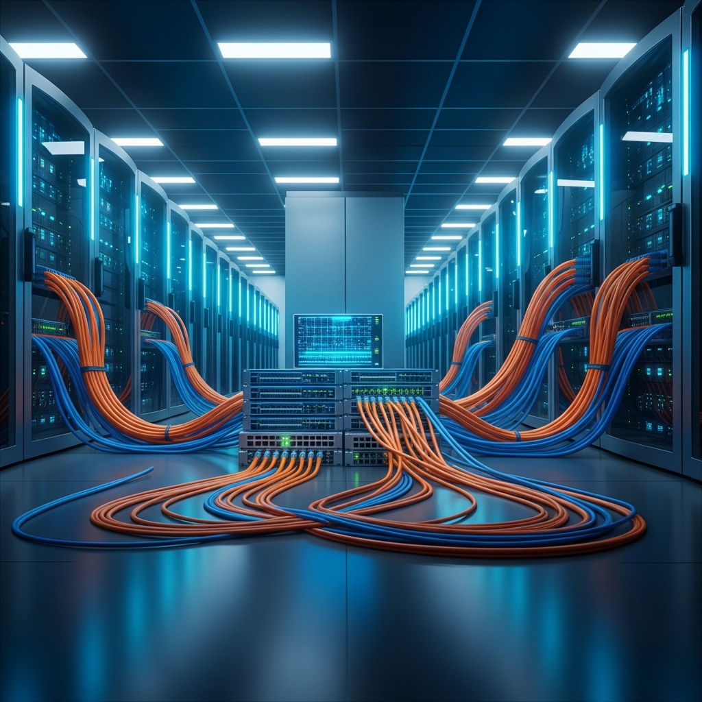 Datacenter moderne avec rangées de serveurs rack dans une salle éclairée de lumières cyan, câbles réseau fibre optique orange et bleu connectés aux switches en premier plan, symbolisant l'infrastructure réseau d'un hébergeur de serveurs de jeu ARK sous charge