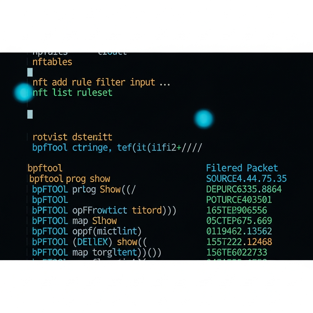 Terminal Linux en gros plan affichant des commandes nft et bpftool, avec des lignes de code colorées et des logs de paquets filtrés, sur fond sombre avec reflets cyan, représentant l'administration système en temps réel d'un firewall kernel