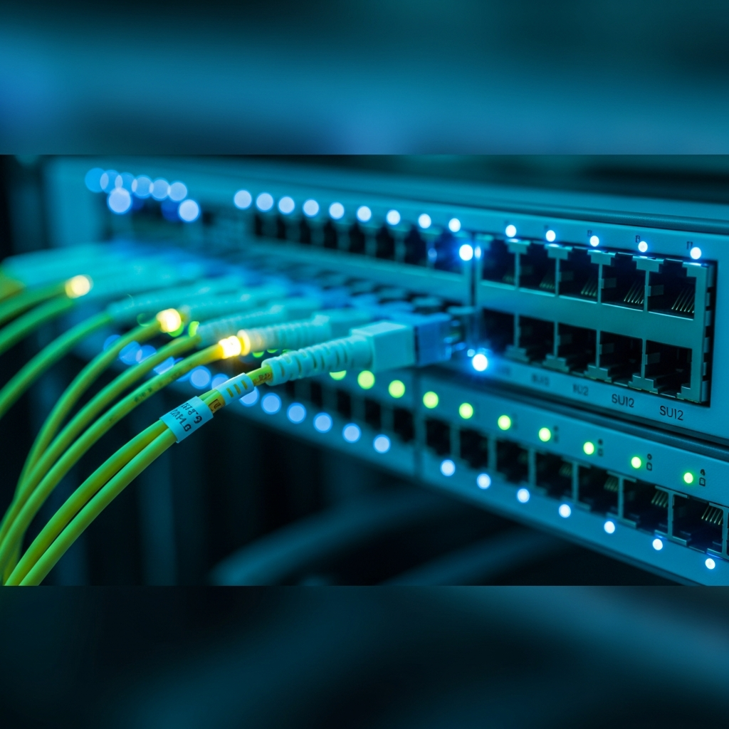 Close-up photorealistic view of illuminated fiber optic cables connecting to a high-density network switch in a modern datacenter, cyan and blue LED indicators glowing, with Ethernet ports visible and shallow depth of field emphasizing network interface hardware