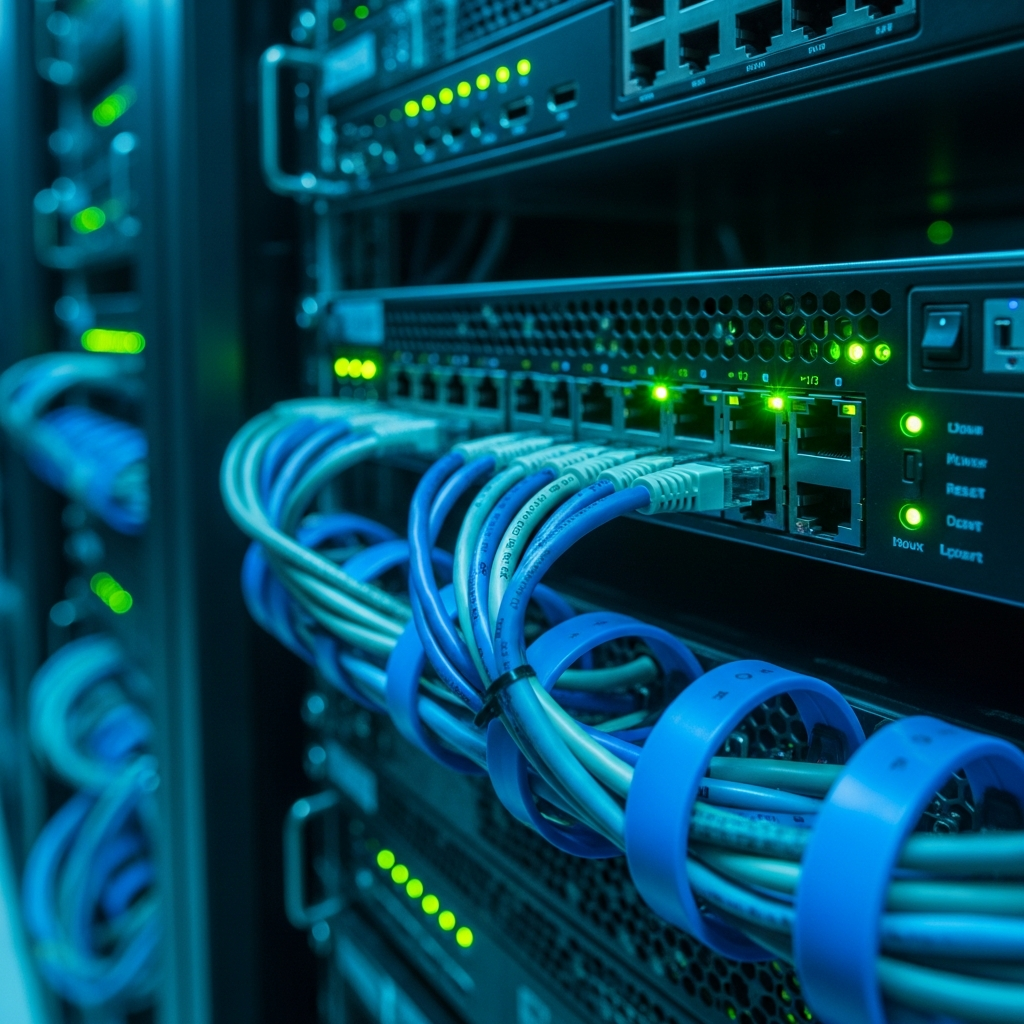 Photorealistic server rack in a professional datacenter environment, close-up of a 1U Linux server with green status LEDs, Ethernet cables neatly organized with blue cable management, ambient cyan lighting, shallow depth of field focusing on network ports and indicator lights
