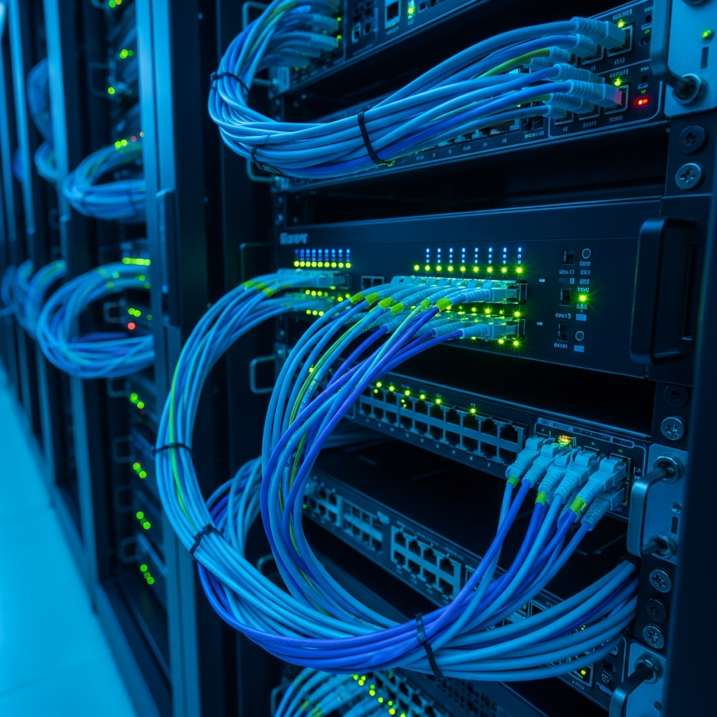 Close-up of a modern server rack in a blue-lit datacenter with fiber optic cables plugged into network switches, shallow depth of field emphasizing the central switch with glowing port LEDs, enterprise infrastructure aesthetic