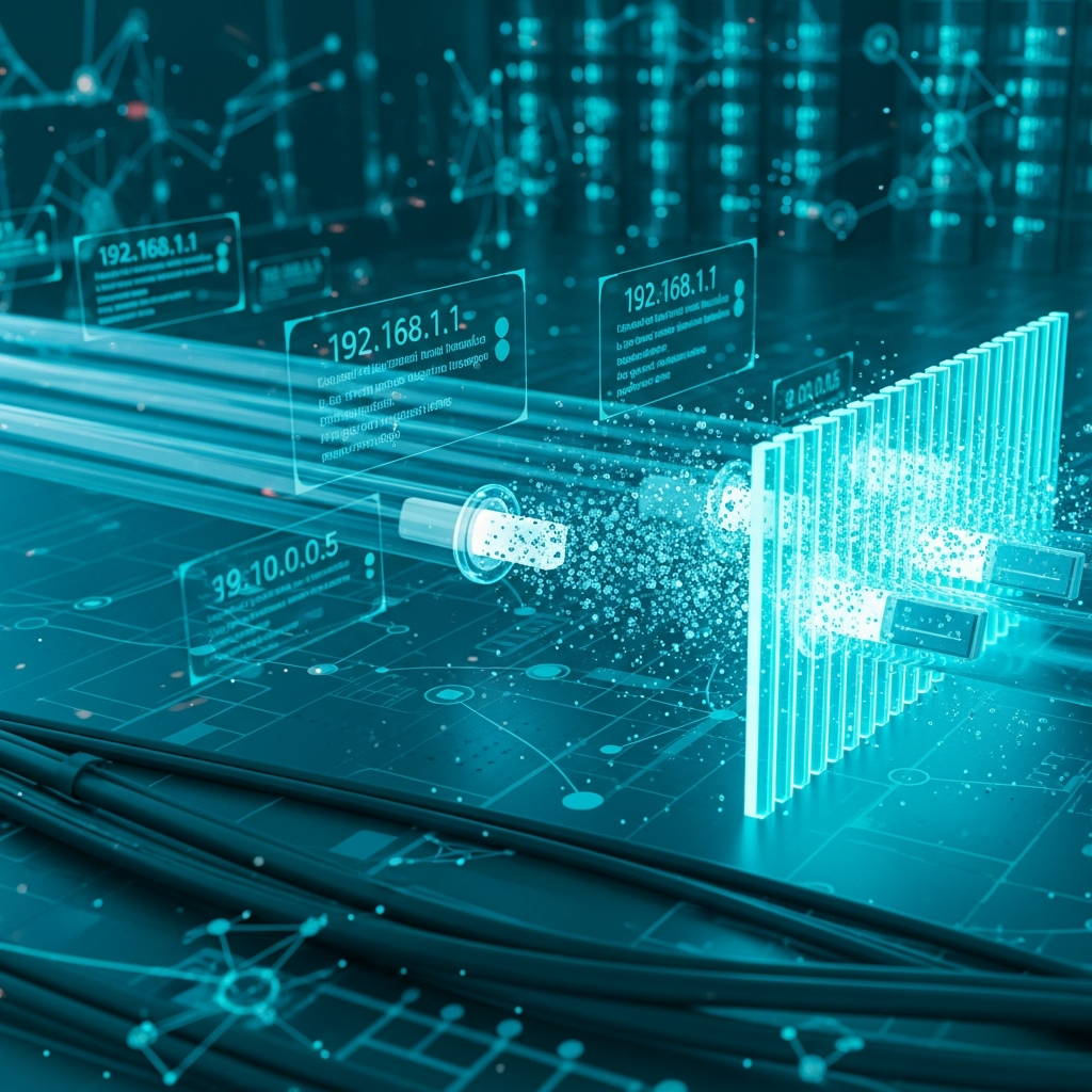 Abstract 3D visualization of network packets flowing through transparent blue tubes with some packets being filtered out by a glowing cyan barrier, representing kernel-level packet filtering, high-tech digital aesthetic with floating IP address overlays