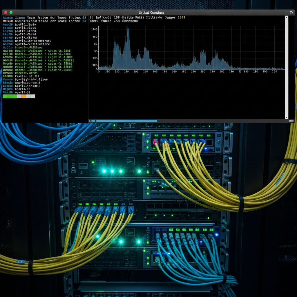 Vue en plongée d'un rack serveur moderne dans un datacenter sombre, éclairé par des LEDs cyan et bleu. Au premier plan, un écran de monitoring affiche un terminal Linux avec des lignes de commande bpftool et des graphiques de paquets filtrés en temps réel. Câbles réseau Ethernet jaunes et fibre optique verte organisés méticuleusement. Atmosphère technique, professionnelle, focus sur la performance et la précision.