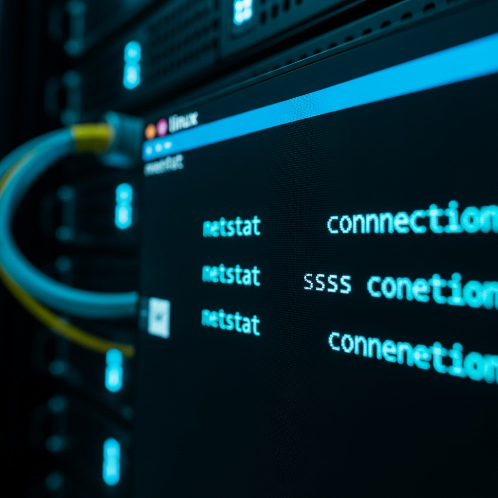 Close-up photorealistic view of a Linux terminal screen displaying netstat and ss command outputs with scrolling connection states, cyan text on black background, illuminated by soft blue LED lighting in a dark server room