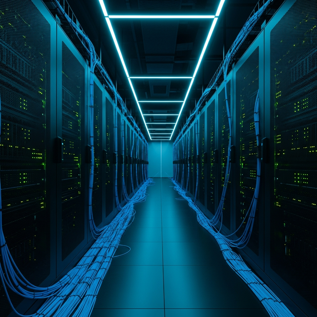 Photorealistic wide-angle shot of a modern datacenter aisle with rows of black server racks, fiber optic cables in blue and cyan tones, ambient LED strip lighting, slight motion blur suggesting high-speed data flow