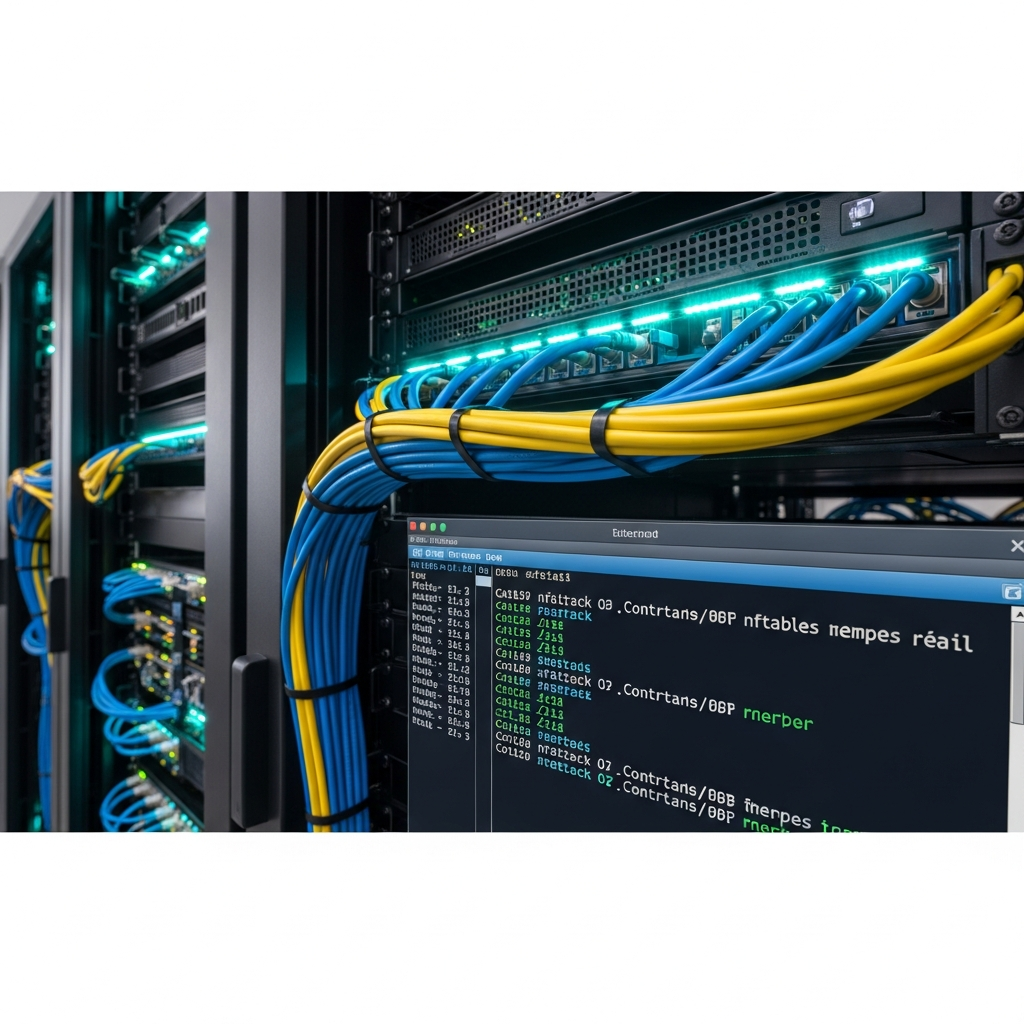 Datacenter moderne avec rangées de serveurs rack, câbles réseau bleus et jaunes, lumières LED cyan, focus sur un écran de terminal Linux affichant des lignes de commande conntrack et nftables en temps réel