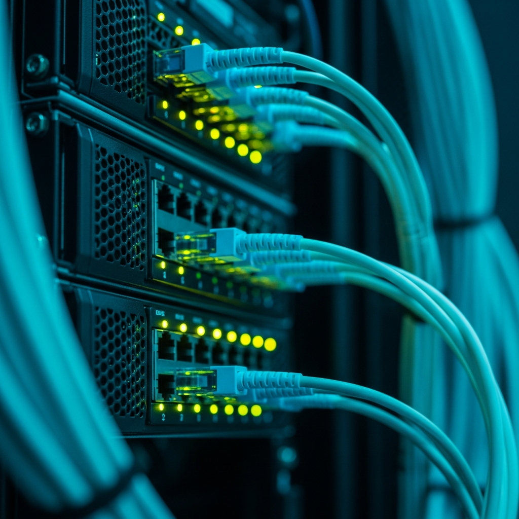 Close-up of a modern datacenter server rack with fiber optic cables in blue and cyan light, shallow depth of field focusing on active network ports with LED indicators, photorealistic, professional IT infrastructure photography