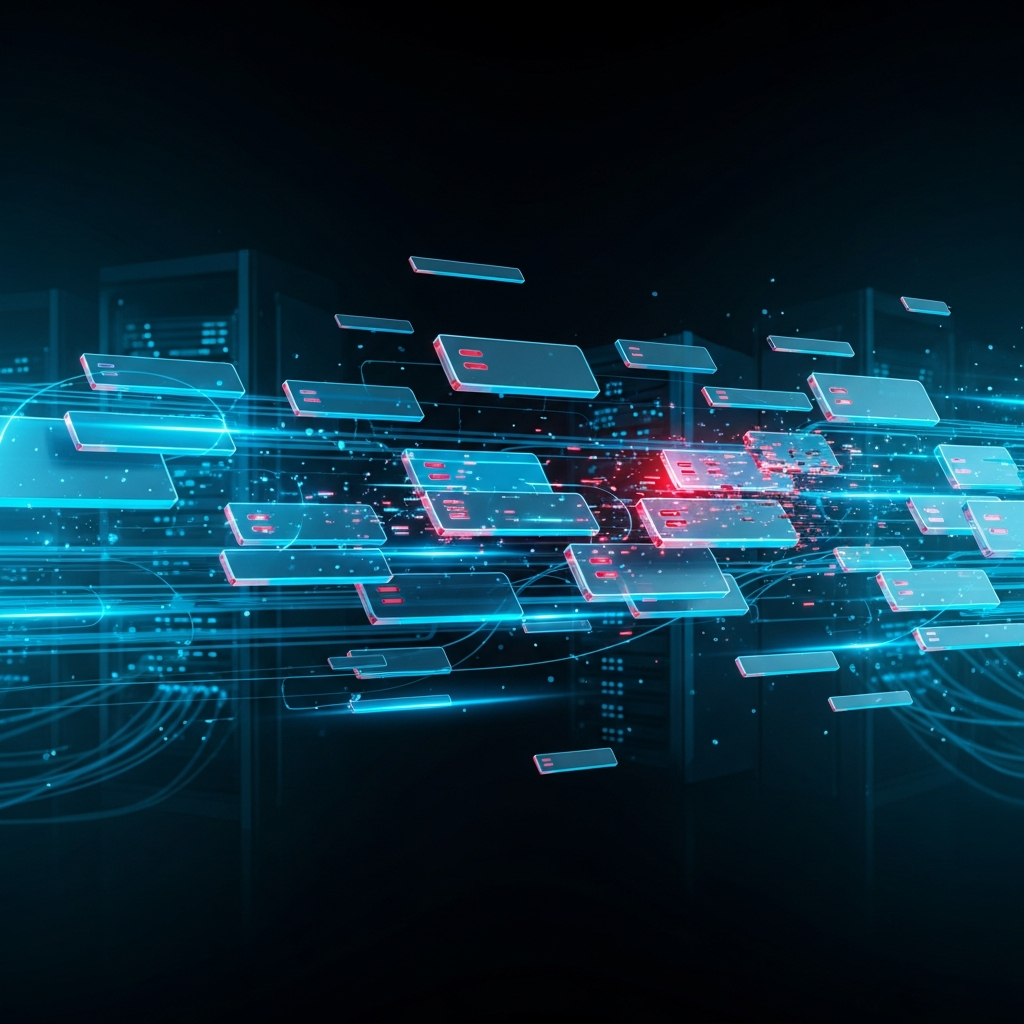 Abstract visualization of network packets flowing through a filtering pipeline, layered semi-transparent data packets in blue and cyan tones being sorted and blocked, dark background with subtle server hardware silhouettes, digital art style, high contrast