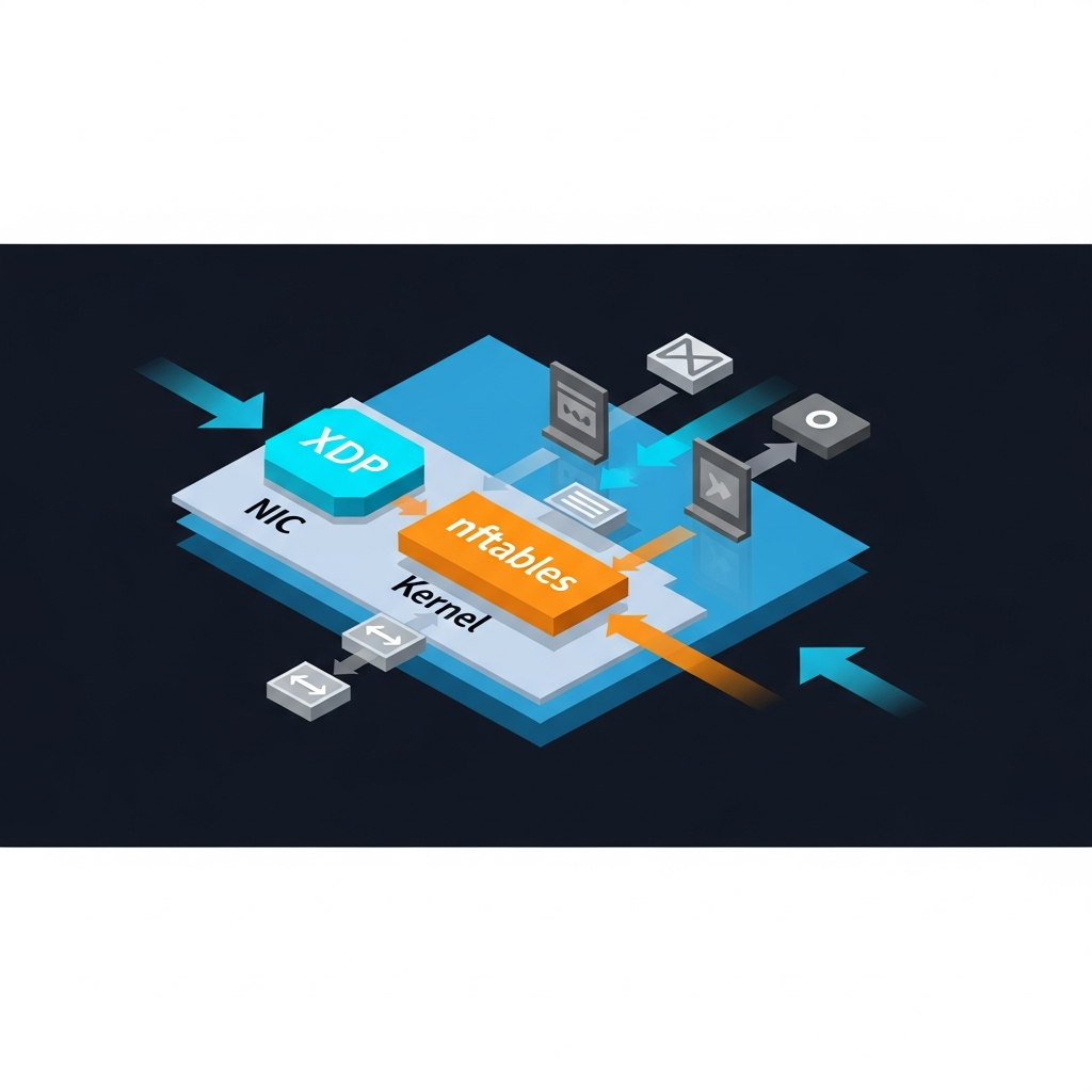 Vue isométrique stylisée d'un schéma réseau montrant plusieurs couches superposées (XDP en bleu cyan au niveau NIC, nftables en orange au niveau kernel, applications en gris), flèches de paquets filtrés à différents stades, fond sombre, style infographie technique moderne.