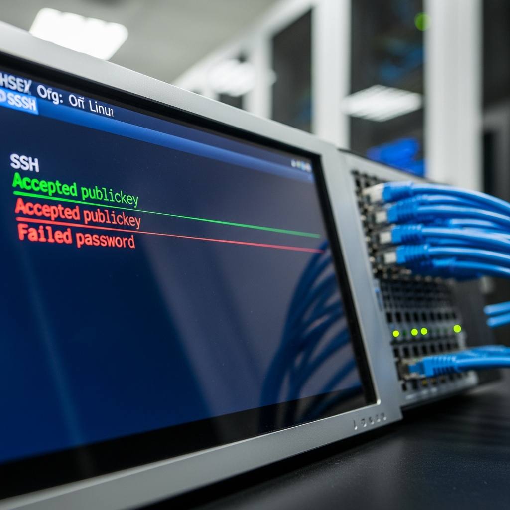 Gros plan photoréaliste sur un terminal Linux affichant des logs SSH colorés (lignes vertes "Accepted publickey", rouges "Failed password"), écran LCD moderne dans une salle serveur faiblement éclairée, câbles Ethernet bleus en arrière-plan, ambiance technique professionnelle.