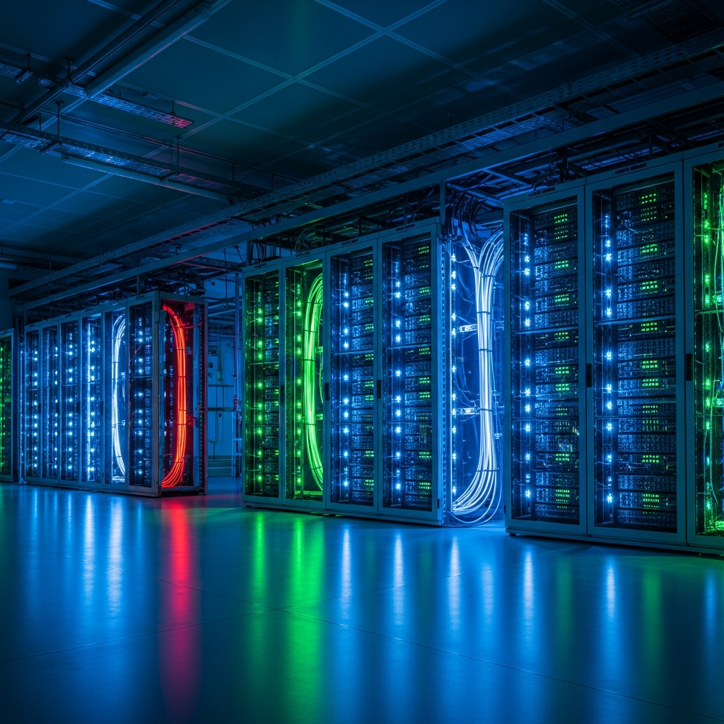 Vue aérienne photoréaliste d'un datacenter moderne la nuit, racks serveurs illuminés de LED bleues et vertes, fibre optique orange en chemin de câbles, salle climatisée avec allées froides, ambiance high-tech sécurisée, reflets sur sol brillant.