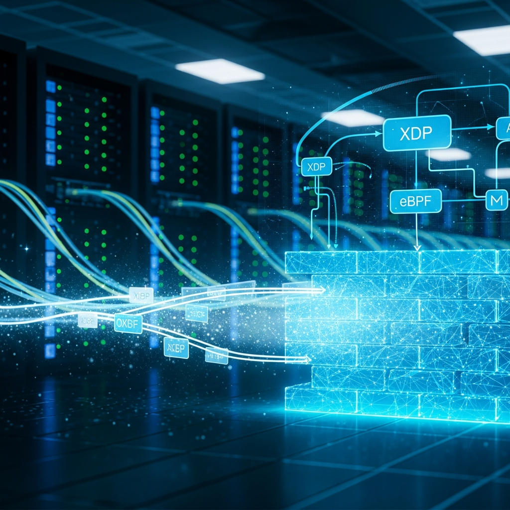 Abstract visualization of network packets being filtered at the kernel level, a digital firewall rendered with cyan and blue hues, Linux kernel architecture diagram overlaid with XDP and eBPF components, photorealistic datacenter background with server LEDs