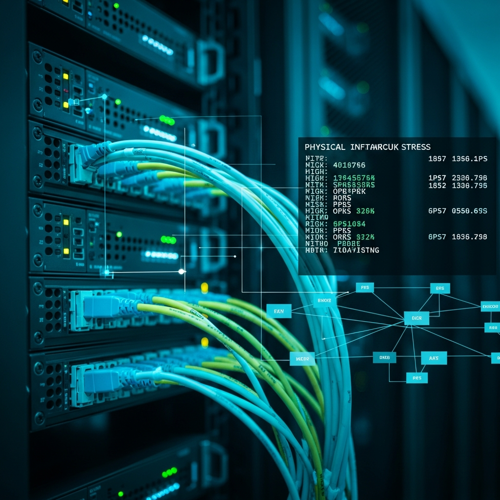Photorealistic close-up of a Linux server rack in a datacenter, fiber optic cables glowing cyan and blue, with a terminal screen displaying network packet statistics and high PPS counters, emphasizing the physical infrastructure under network stress