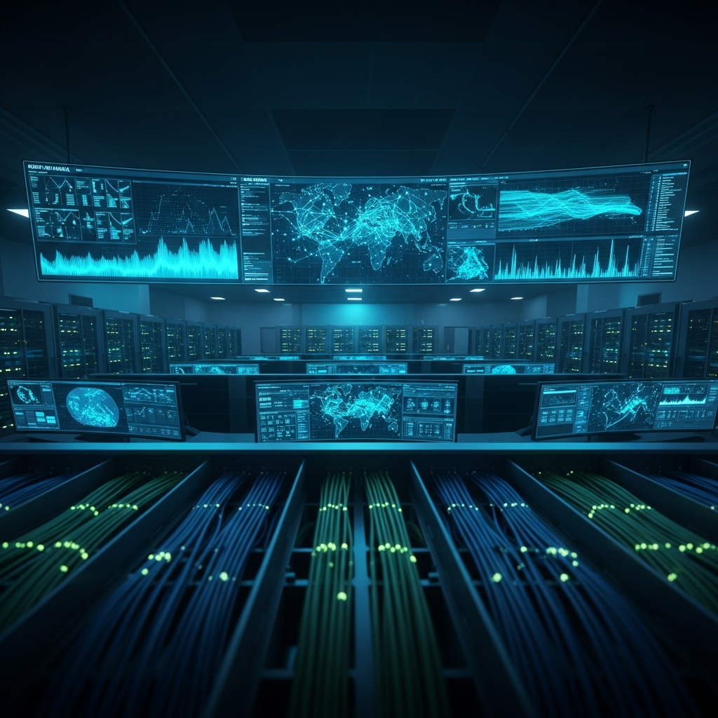 Photorealistic wide-angle view of a modern network operations center (NOC), large displays showing live GeoIP attack maps with cyan and blue highlights, rows of server racks in the background, fiber optic cables neatly organized, emphasizing centralized monitoring and real-time data visualization