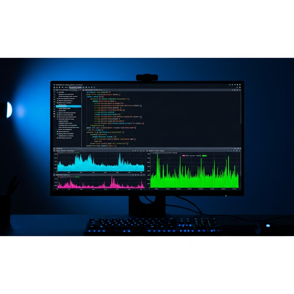 Terminal Linux sur fond noir avec code eBPF et sorties de commandes bpftool, graphiques de métriques réseau en couleurs cyan et vert, écran 4K mat dans un bureau sombre éclairé par la lumière bleue de l'écran, clavier mécanique flou au premier plan