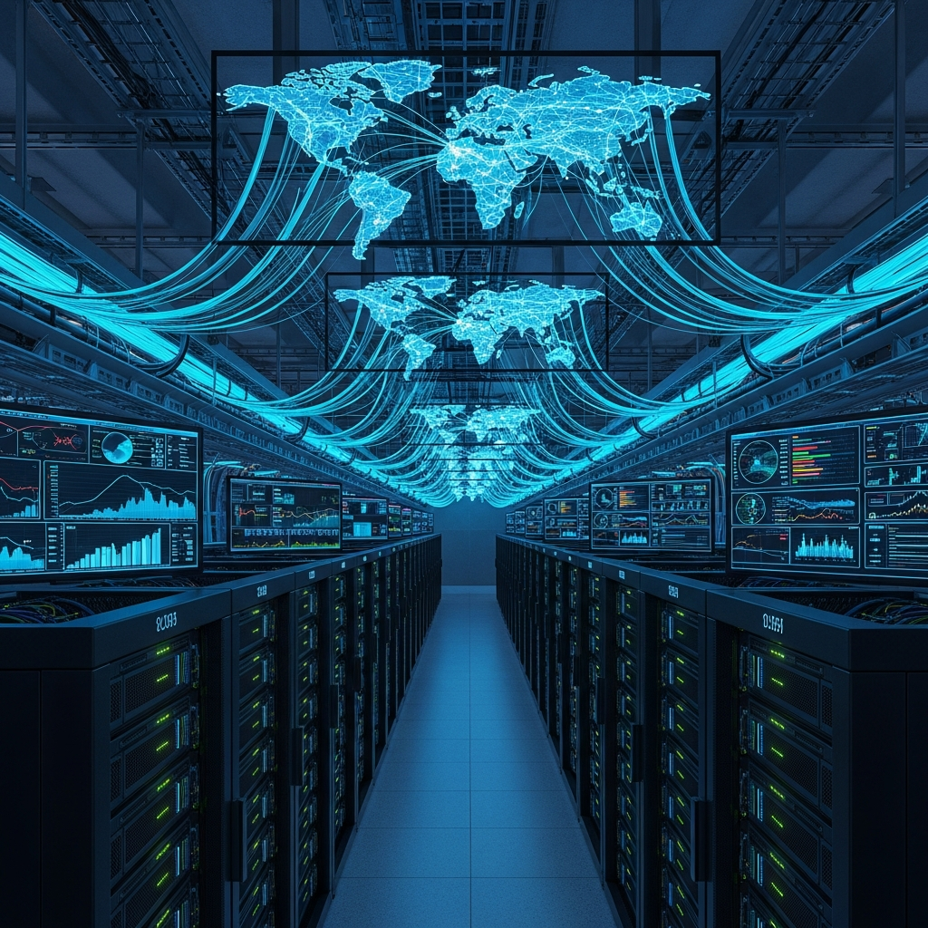 Datacenter moderne vue de l'intérieur avec des rangées infinies de serveurs rack, câbles de fibre optique cyan et bleu éclairés par LEDs, écrans de monitoring affichant des flux réseau en temps réel, atmosphère high-tech épurée et froide