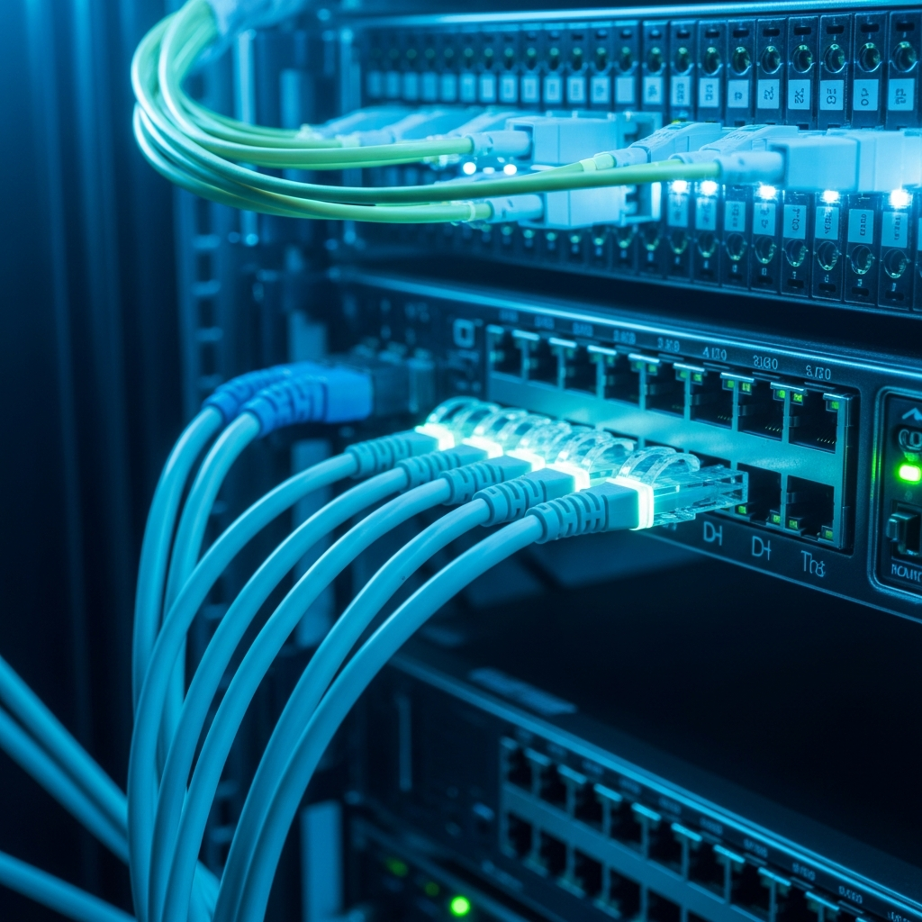 Close-up photorealistic shot of a rack-mounted Linux server with glowing cyan Ethernet cables plugged into a network interface card, fiber optic patch panel visible in background, cool blue datacenter lighting emphasizing high-speed connectivity