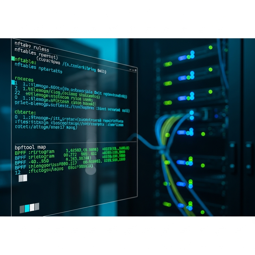 Detailed photorealistic render of a Linux terminal window displaying nftables ruleset output and bpftool map statistics, dark terminal theme with cyan and green syntax highlighting, blurred server rack in background